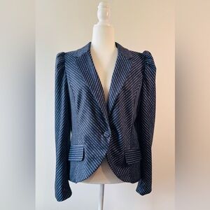 Womens Ryegrass Blue Stripe Puff Sleeve One Button Jacket Size 12